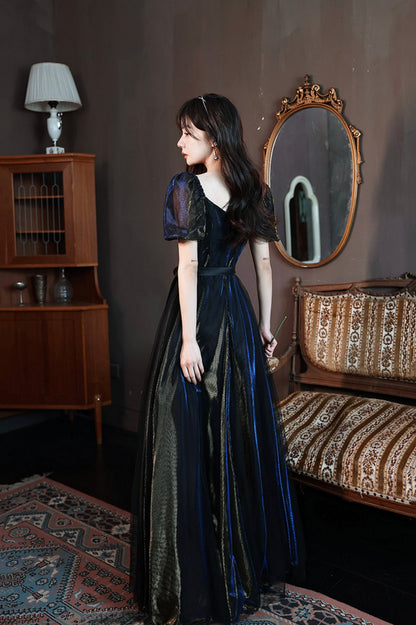 Black A-Line Tulle Long Prom Dress, Black Short Sleeve Evening Dress