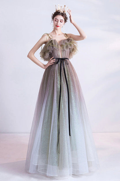 Cute Gradient Tulle Long Prom Dress, A-Line Spaghetti Straps Formal Evening Dress