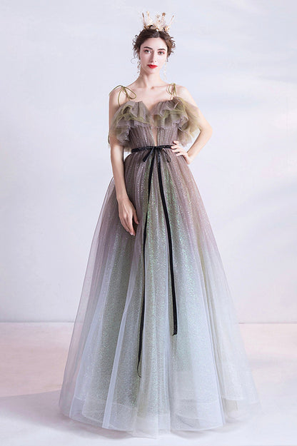 Cute Gradient Tulle Long Prom Dress, A-Line Spaghetti Straps Formal Evening Dress