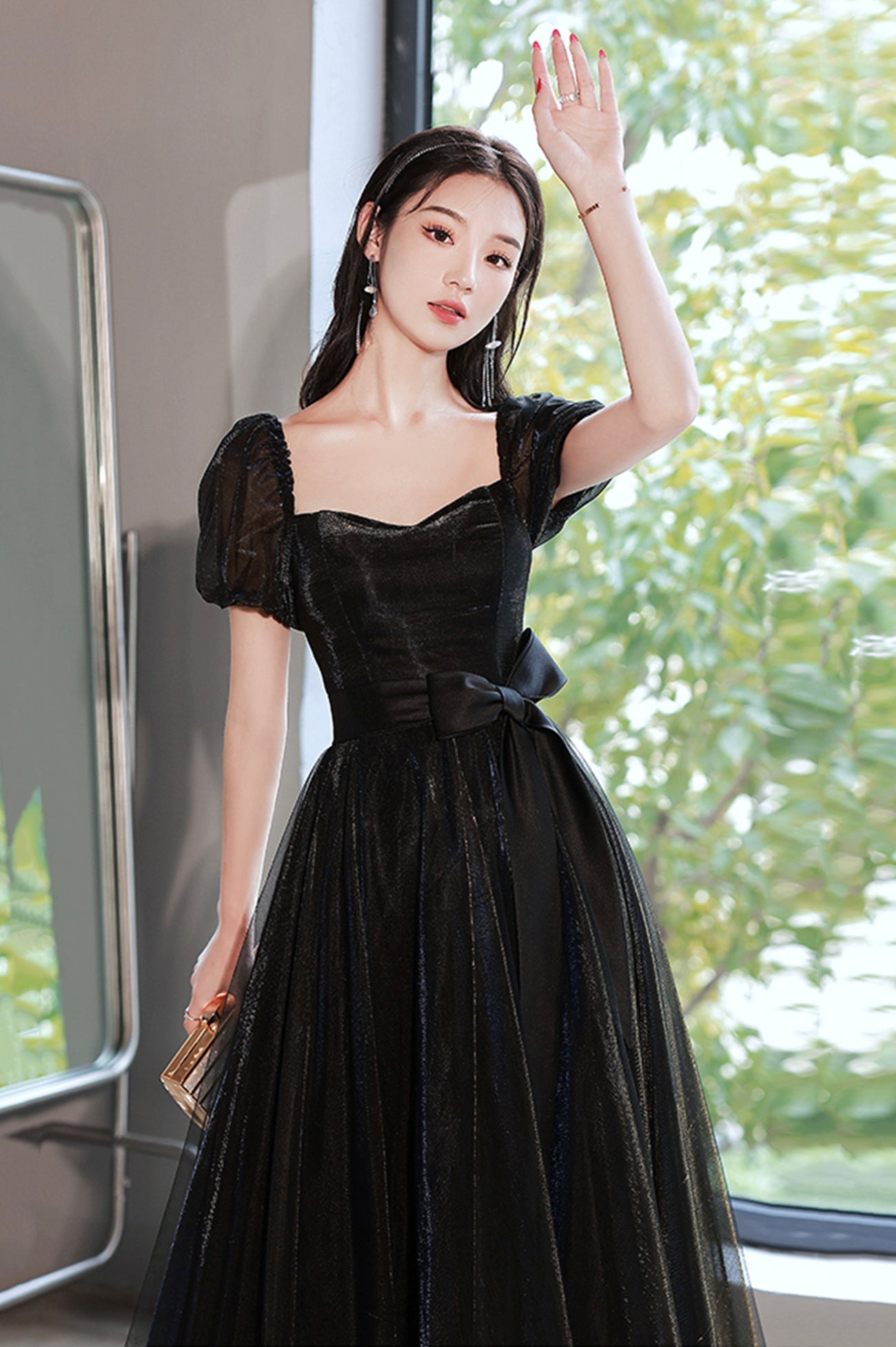 Black Tulle Long Prom Dress, Black Short Sleeve Graduation Dress