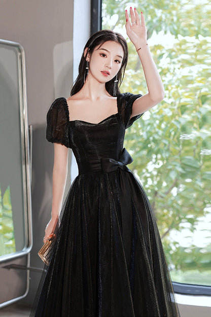 Black Tulle Long Prom Dress, Black Short Sleeve Graduation Dress
