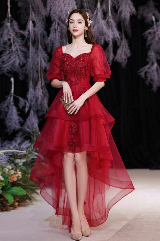 Burgundy Tulle High Low Prom Dress, Cute Short Sleeve Homecoming Party Dress