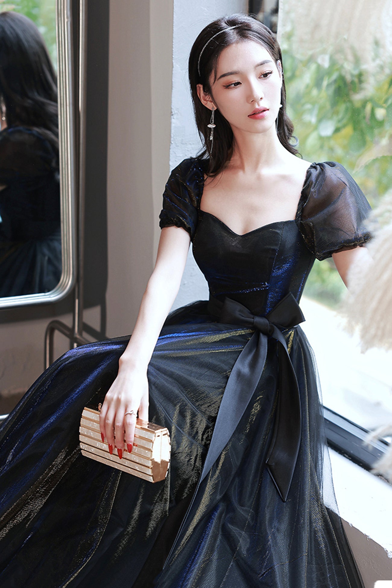 Black Tulle Long Prom Dress, Black Short Sleeve Graduation Dress