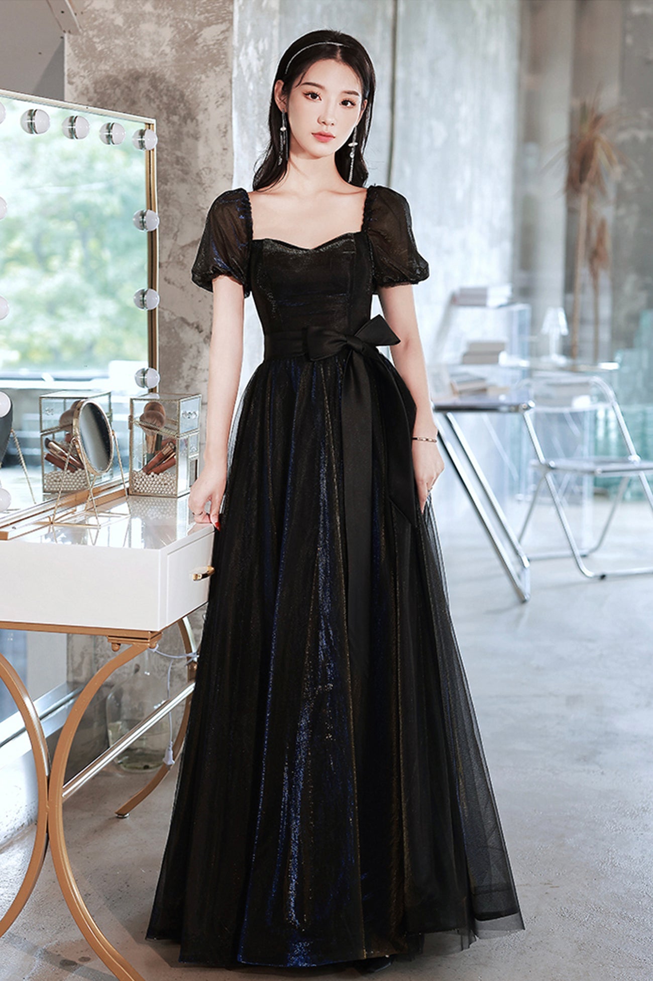 Black Tulle Long Prom Dress, Black Short Sleeve Graduation Dress