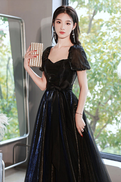 Black Tulle Long Prom Dress, Black Short Sleeve Graduation Dress