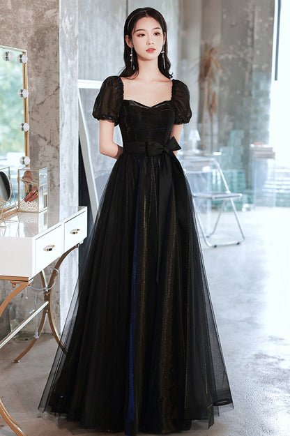 Black Tulle Long Prom Dress, Black Short Sleeve Graduation Dress