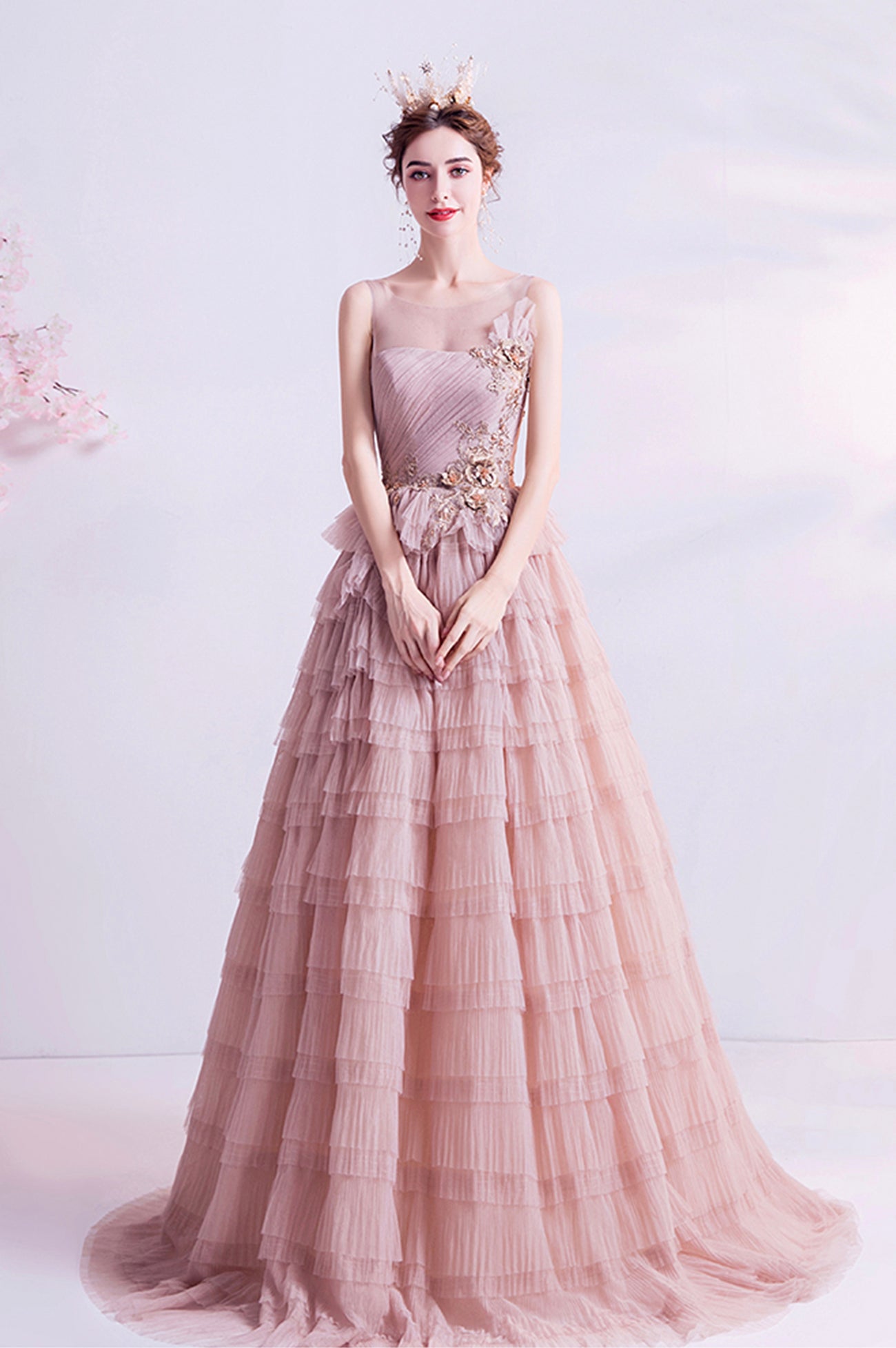 Pink Tulle Long A-Line Prom Dress, Pink Scoop Neckline Formal Evening Dress
