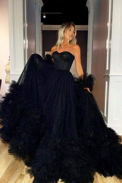 Black Tulle Long Prom Dress, Black A-Line Strapless Evening Dress