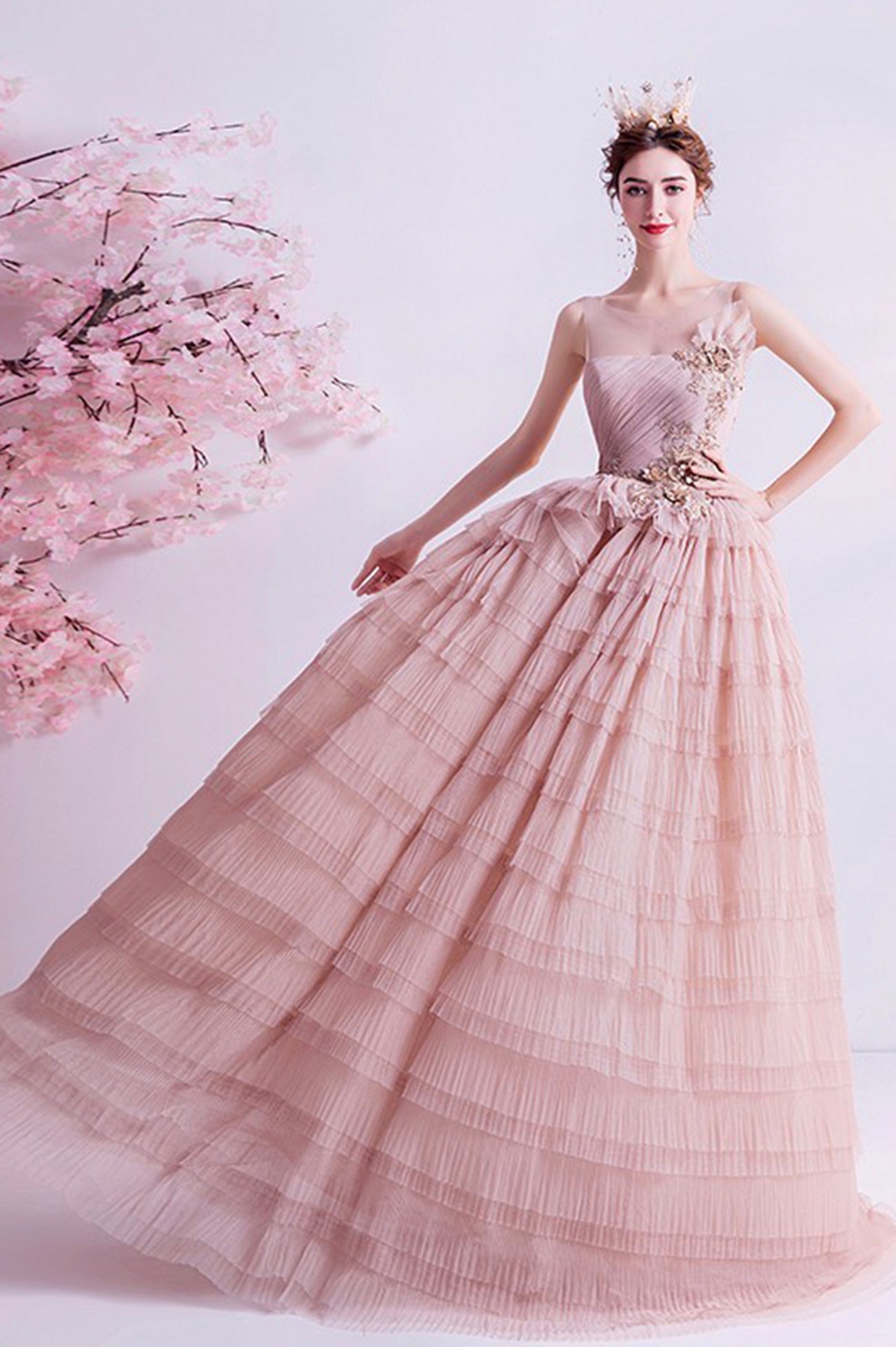 Pink Tulle Long A-Line Prom Dress, Pink Scoop Neckline Formal Evening Dress