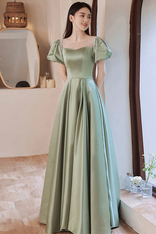 Green Satin Long A-Line Prom Dress, Cute Short Sleeve Evening Dress