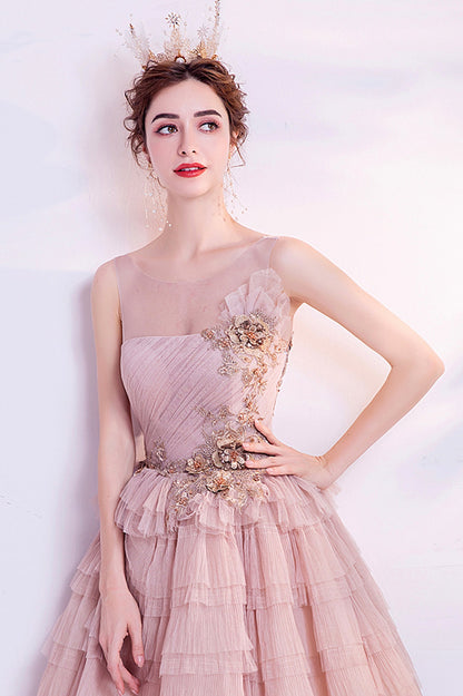 Pink Tulle Long A-Line Prom Dress, Pink Scoop Neckline Formal Evening Dress