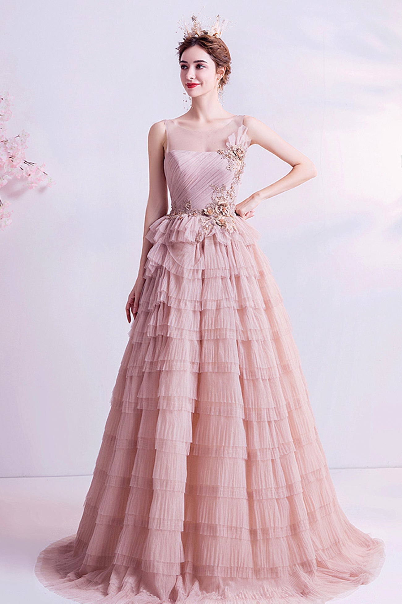 Pink Tulle Long A-Line Prom Dress, Pink Scoop Neckline Formal Evening Dress