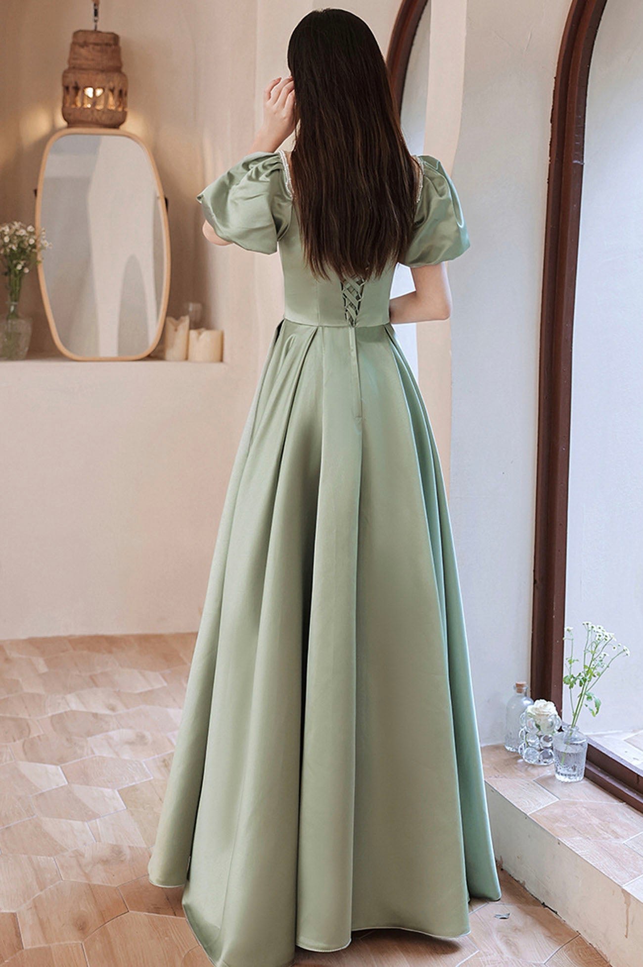 Green Satin Long A-Line Prom Dress, Cute Short Sleeve Evening Dress