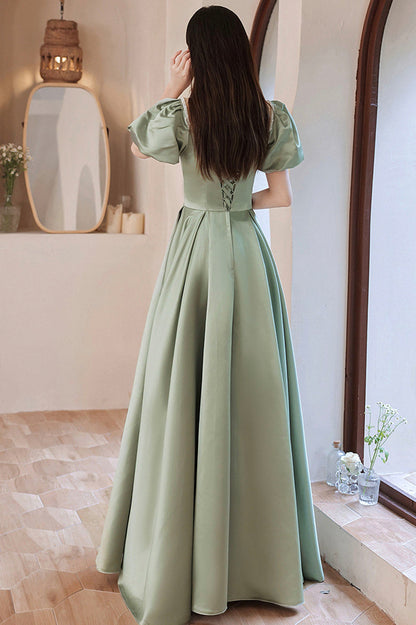 Green Satin Long A-Line Prom Dress, Cute Short Sleeve Evening Dress