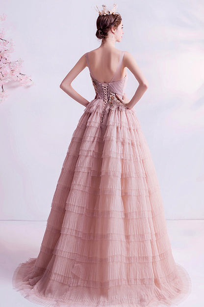Pink Tulle Long A-Line Prom Dress, Pink Scoop Neckline Formal Evening Dress