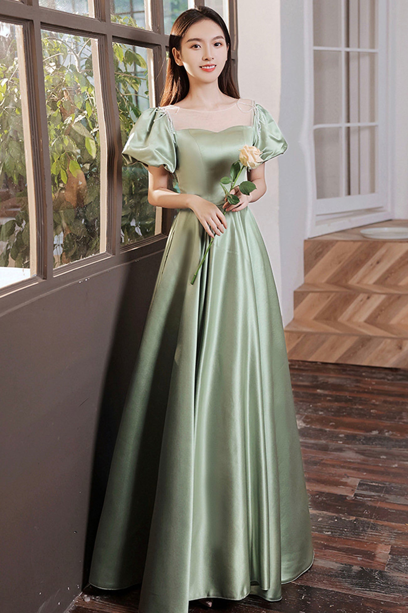 Green Satin Long A-Line Prom Dress, Cute Short Sleeve Evening Dress