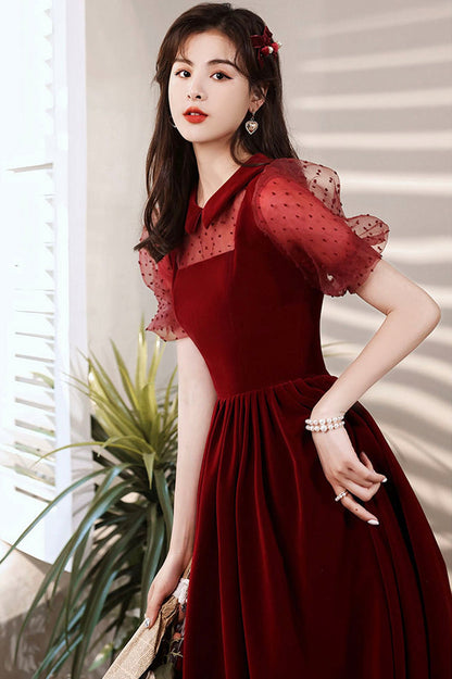Burgundy Velvet Short Prom Dress, A-Line Homecoming Party Dress