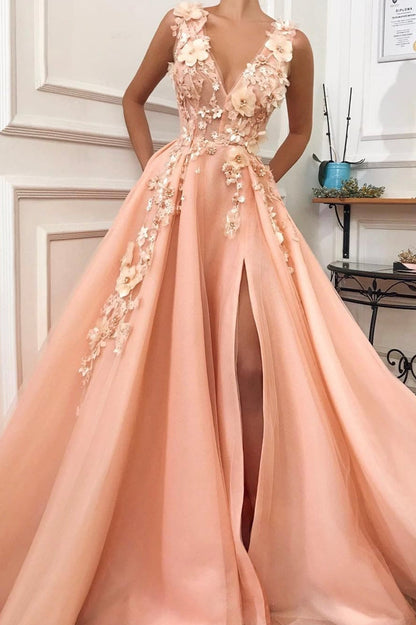 A-Line Tulle Long Prom Dress, Blush V-Neck Lace Evening Formal Dress