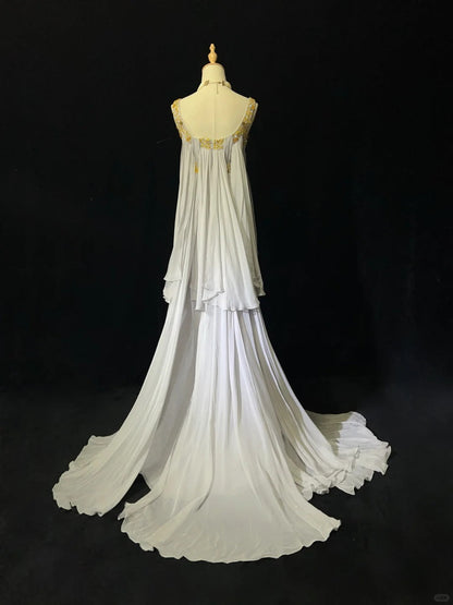 White Vintage Ancient Greek Goddess Gorgeous Sparkling Elegant Exquisite Gold Rhinestone Beads Tulle Long Mermaid Floor Length Trail Slim Fairy Ball Gown Evening Gown Party Dress Prom Gown gh3852