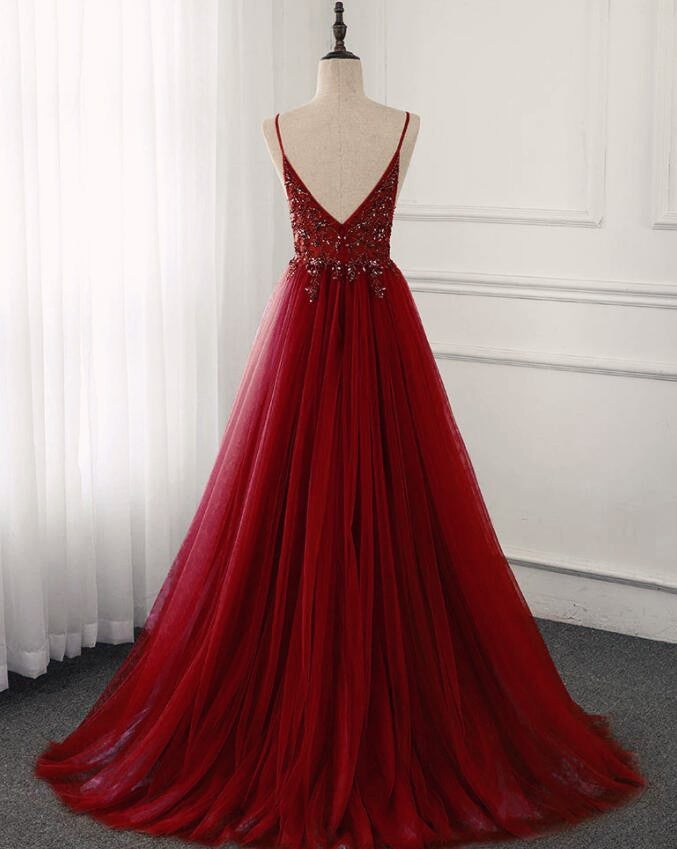 HIGH QUALITY BURGUNDY STRAPS BEADED LONG PARTY DRESS, LONG JUNIOR PROM DRESS KS3488