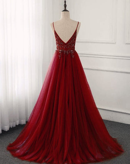 HIGH QUALITY BURGUNDY STRAPS BEADED LONG PARTY DRESS, LONG JUNIOR PROM DRESS KS3488