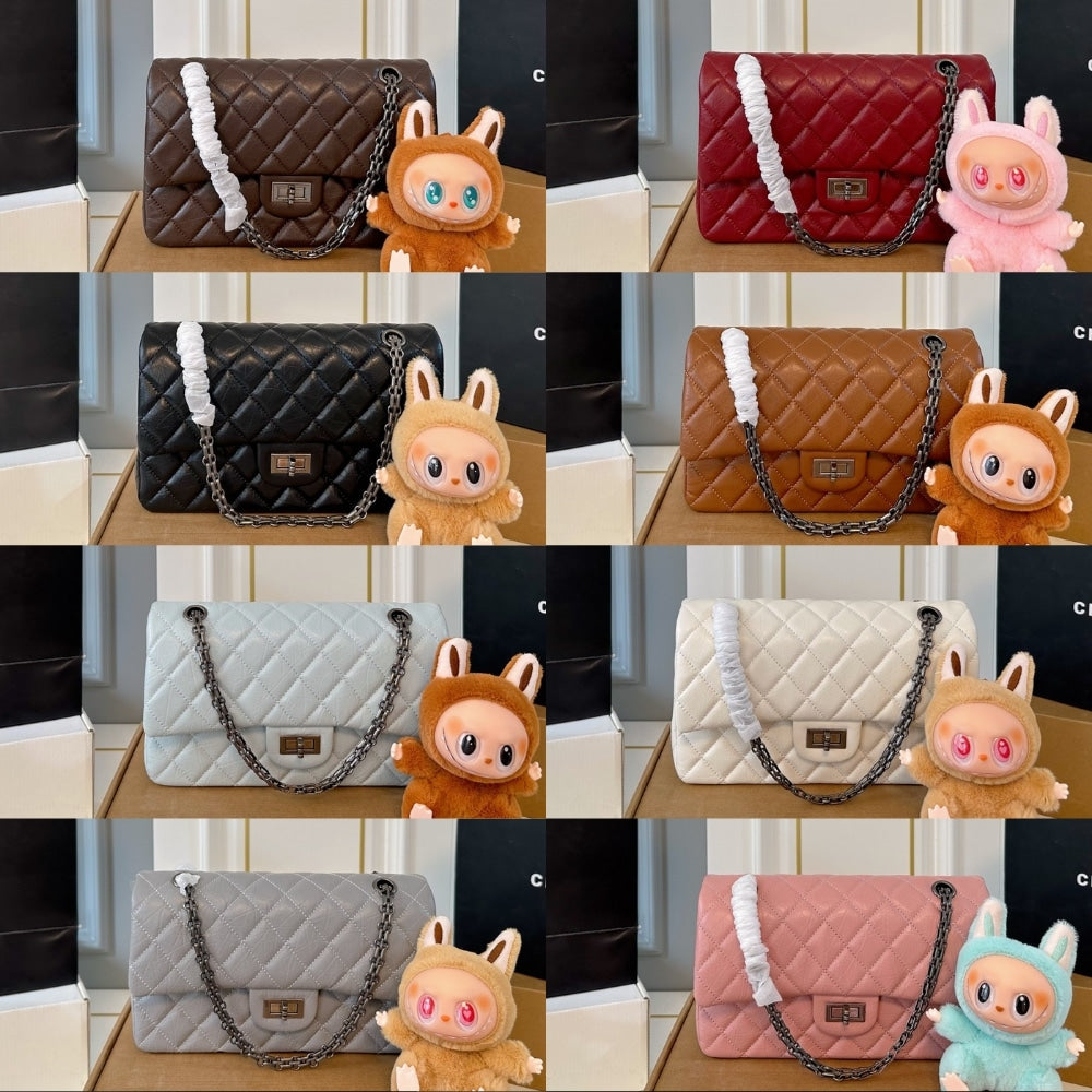 CHANEL 2.55 HANDBAG SILVER TONE METAL BLACK 25CM