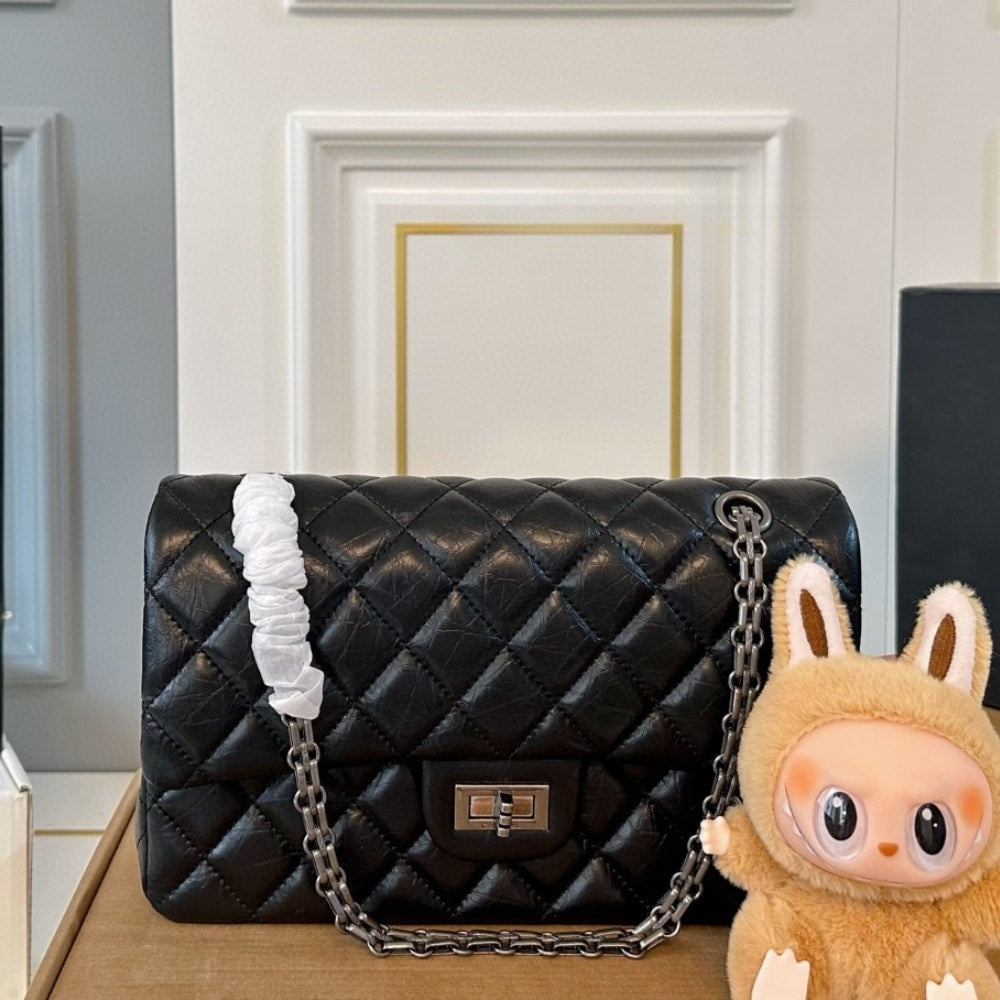 CHANEL 2.55 HANDBAG SILVER TONE METAL BLACK 25CM