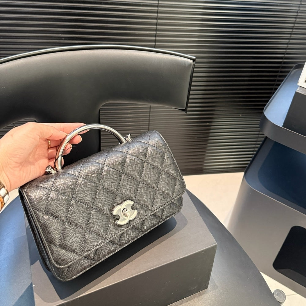 CHANEL SMALL FLAP BAG WITH TOP HANDLE SILVER TONE METAL BLACK 19CM AS5555 B20557 94305