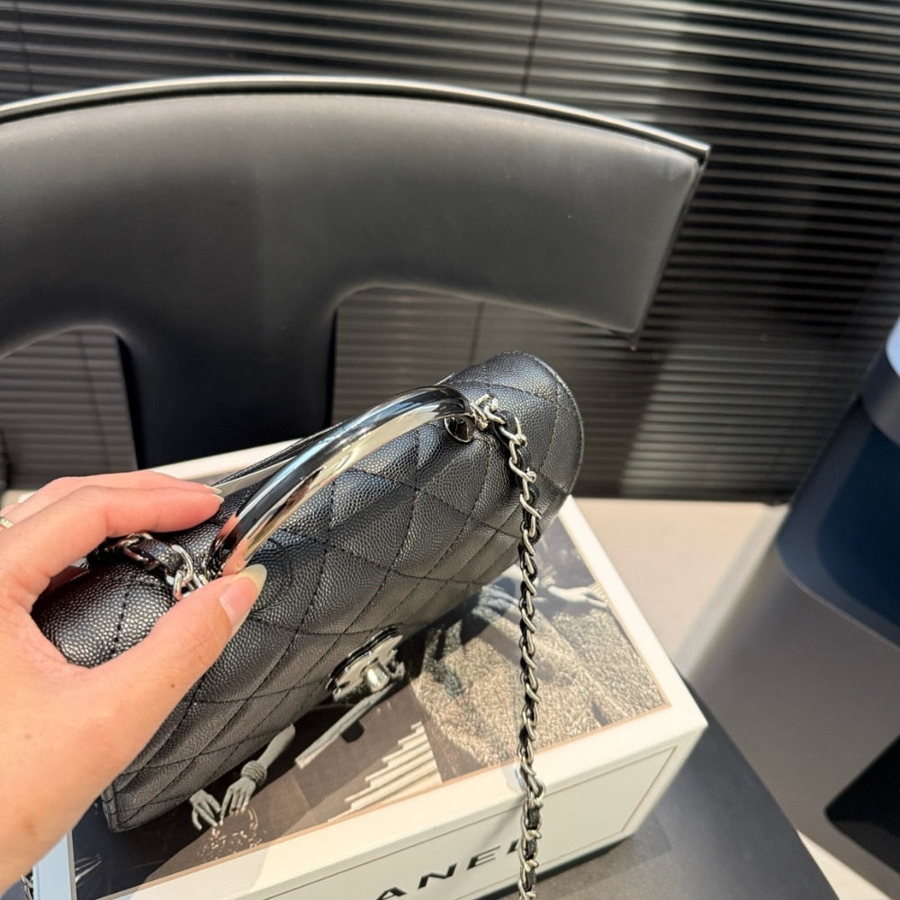 CHANEL SMALL FLAP BAG WITH TOP HANDLE SILVER TONE METAL BLACK 19CM AS5555 B20557 94305