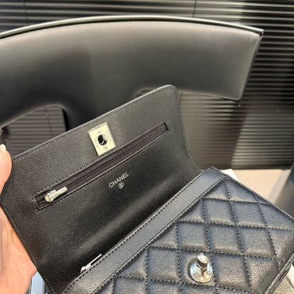 CHANEL SMALL FLAP BAG WITH TOP HANDLE SILVER TONE METAL BLACK 19CM AS5555 B20557 94305