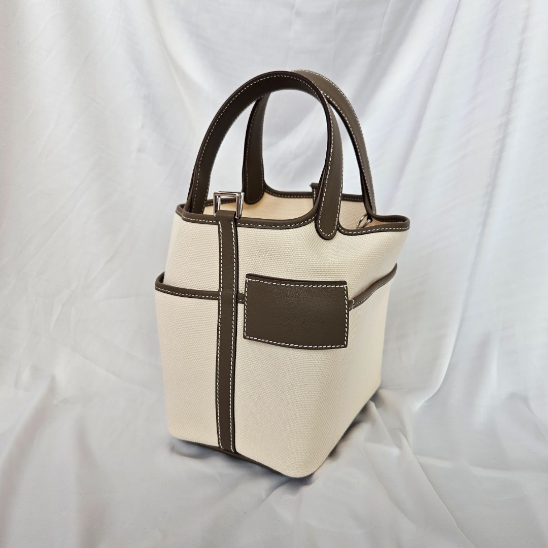 Hermés Cargo Picotin Lock 18 Pockets with Ecru Canvas & Etoupe Swift calfskin