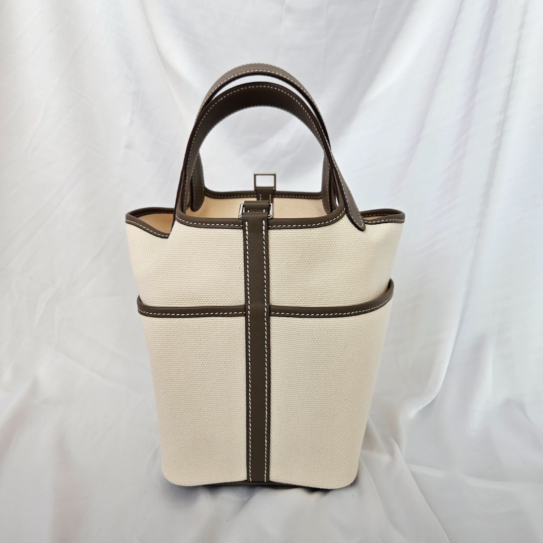 Hermés Cargo Picotin Lock 18 Pockets with Ecru Canvas & Etoupe Swift calfskin