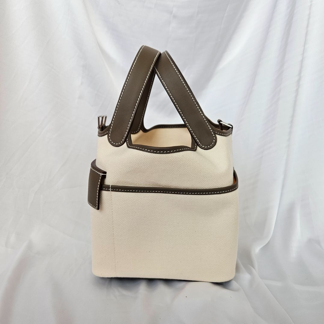 Hermés Cargo Picotin Lock 18 Pockets with Ecru Canvas & Etoupe Swift calfskin