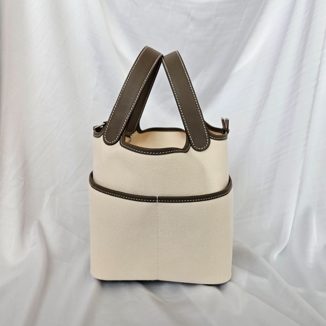 Hermés Cargo Picotin Lock 18 Pockets with Ecru Canvas & Etoupe Swift calfskin