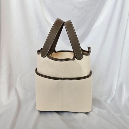 Hermés Cargo Picotin Lock 18 Pockets with Ecru Canvas & Etoupe Swift calfskin