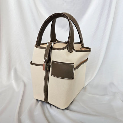 Hermés Cargo Picotin Lock 18 Pockets with Ecru Canvas & Etoupe Swift calfskin