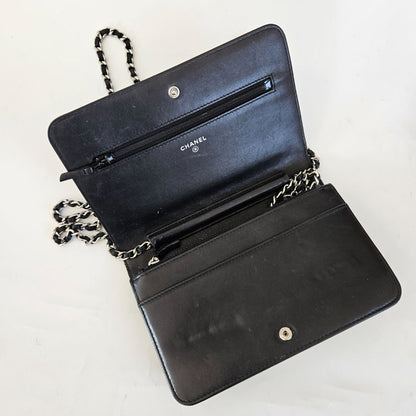 Chanel Black Quilted Leather Diamond CC Wallet On Chain