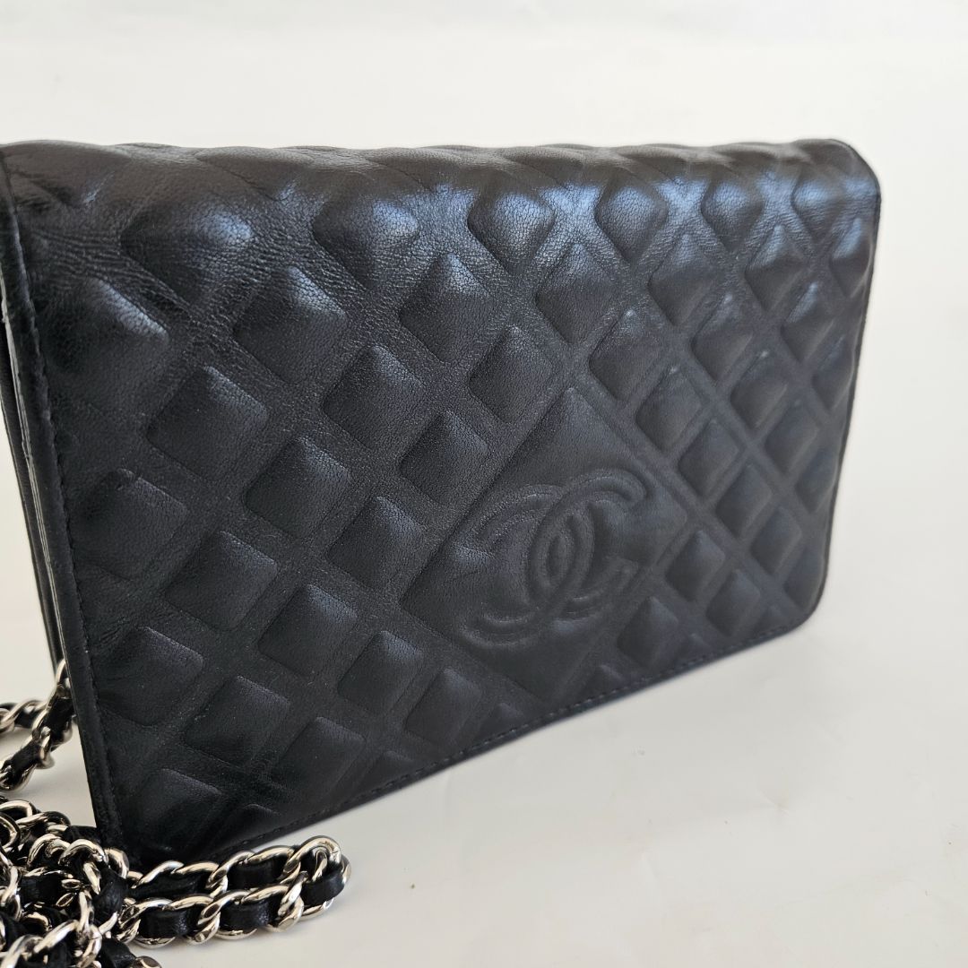 Chanel Black Quilted Leather Diamond CC Wallet On Chain