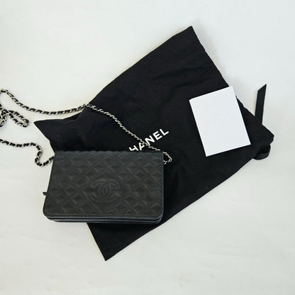 Chanel Black Quilted Leather Diamond CC Wallet On Chain
