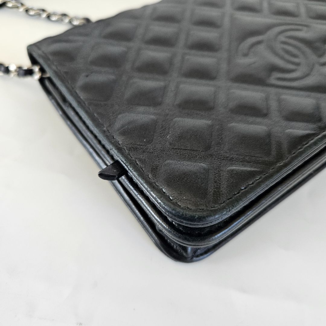 Chanel Black Quilted Leather Diamond CC Wallet On Chain