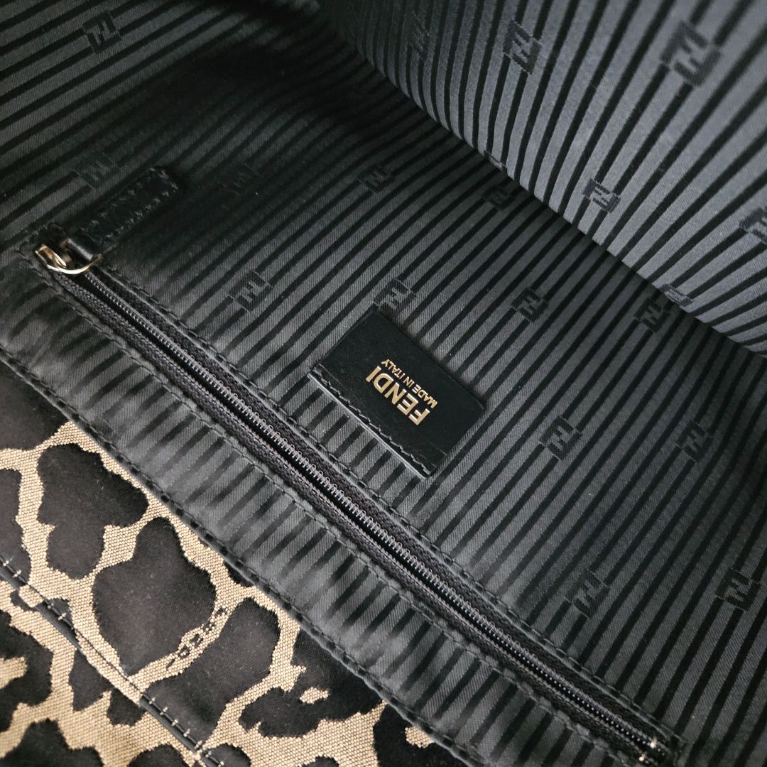 Fendi Black Canvas Animal Print Jacquard New Forever Flap Shoulder Bag