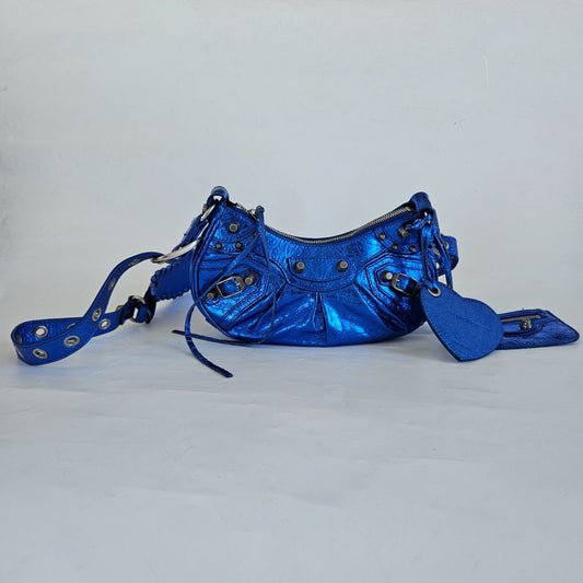 Balenciaga Le Cagole XS Blue Metallic Leather Shoulder Bag