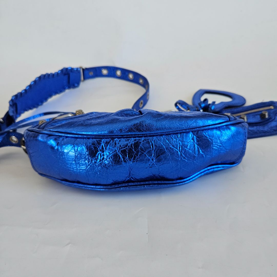 Balenciaga Le Cagole XS Blue Metallic Leather Shoulder Bag
