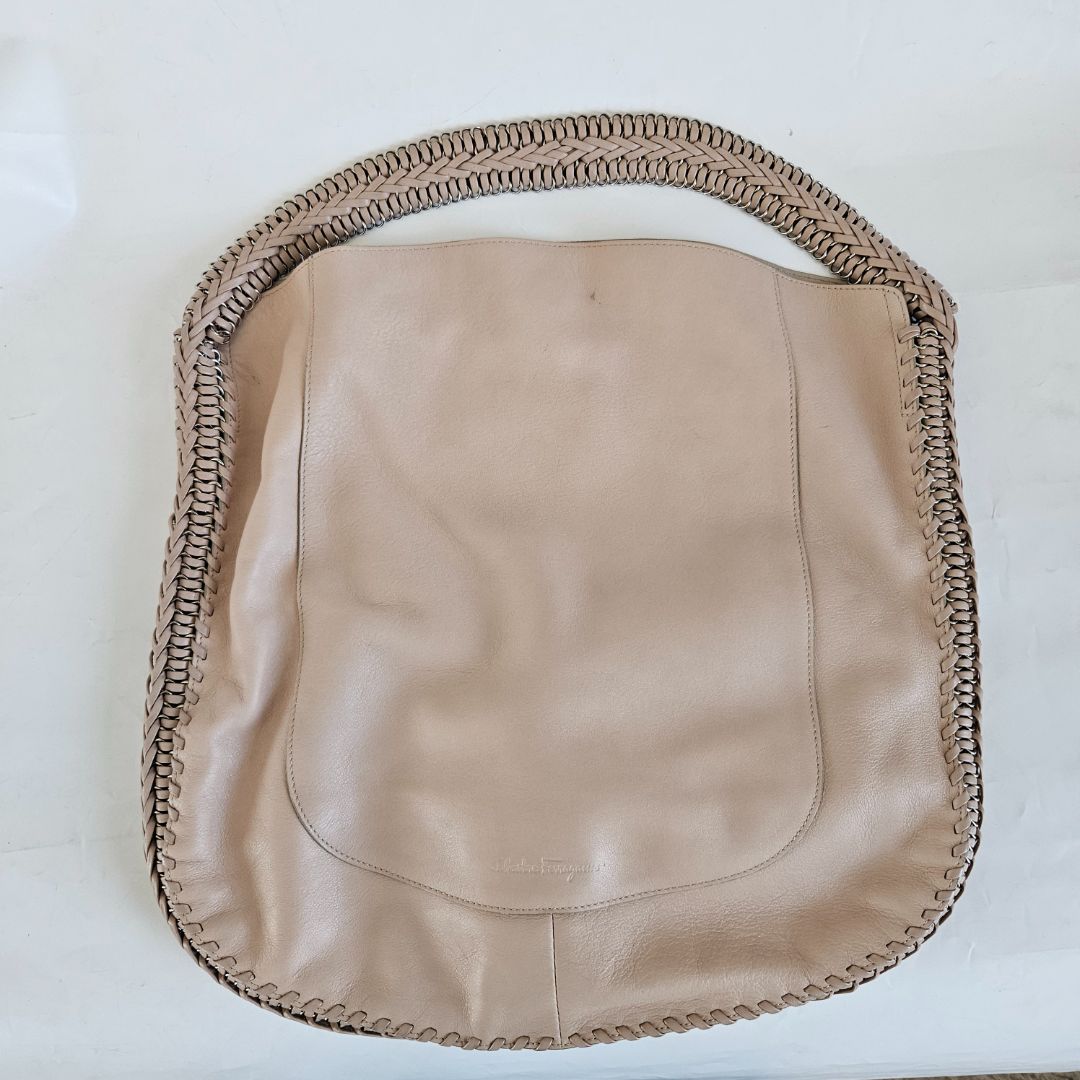 Salvatore Ferragamo Beige Leather Stitch Shoulder Aria Hobo Bag