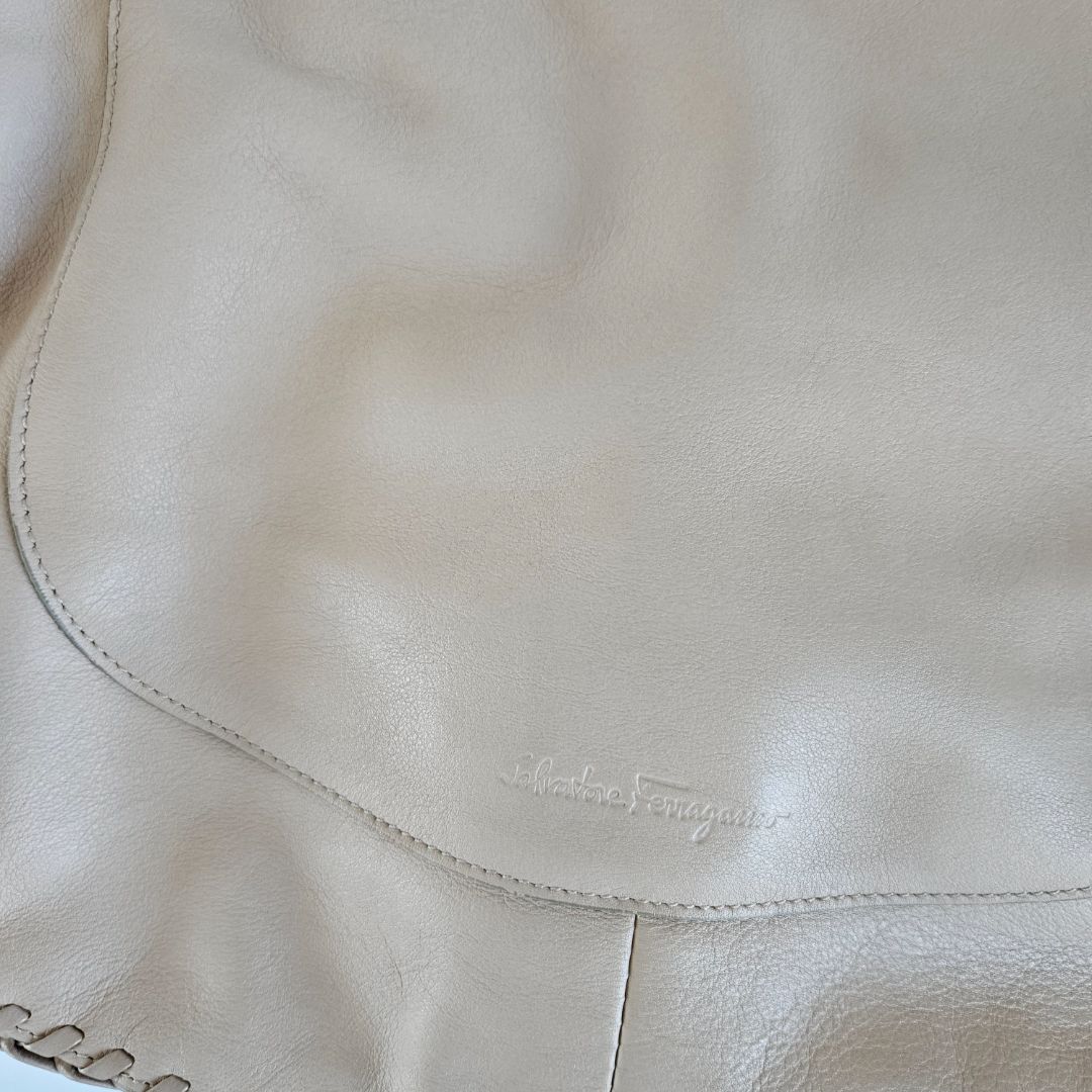 Salvatore Ferragamo Beige Leather Stitch Shoulder Aria Hobo Bag