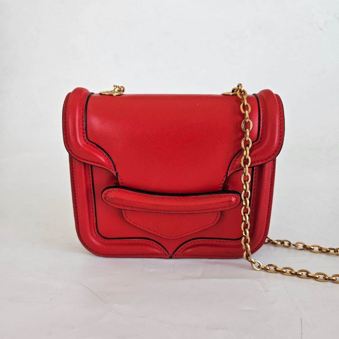 Alexander McQueen Red Leather Mini Heroine Chain Crossbody Bag