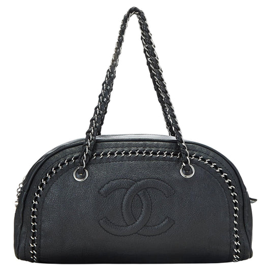 Chanel Black Bowling Bag Ligne Leather Lambskin Medium Satchel