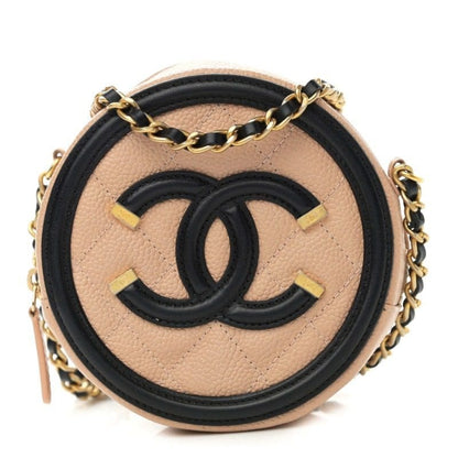 CHANEL Caviar Quilted Round Filigree Crossbody Beige Black