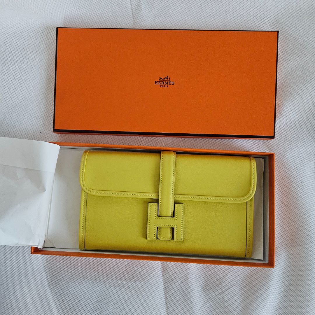 Hermès Yellow Jige Clutch with Gold Leather Zip Pouch