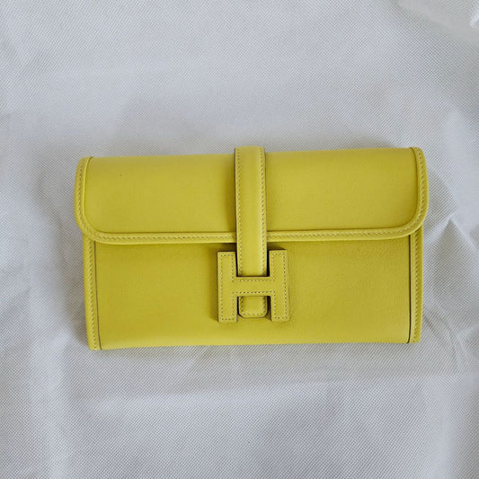 Hermès Yellow Jige Clutch with Gold Leather Zip Pouch